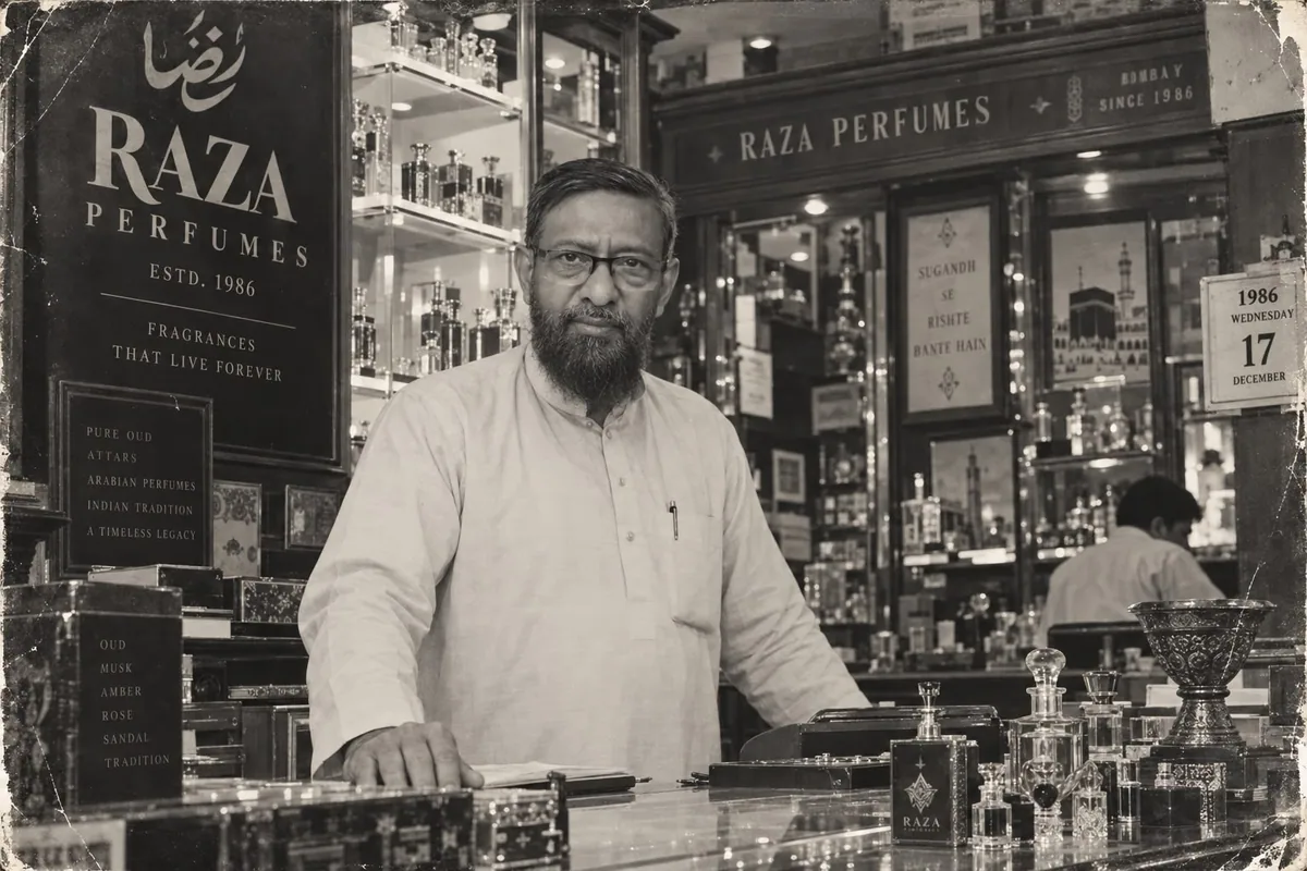 Yasinali Sayed behind the counter of his Raza Perfume shop, 1986